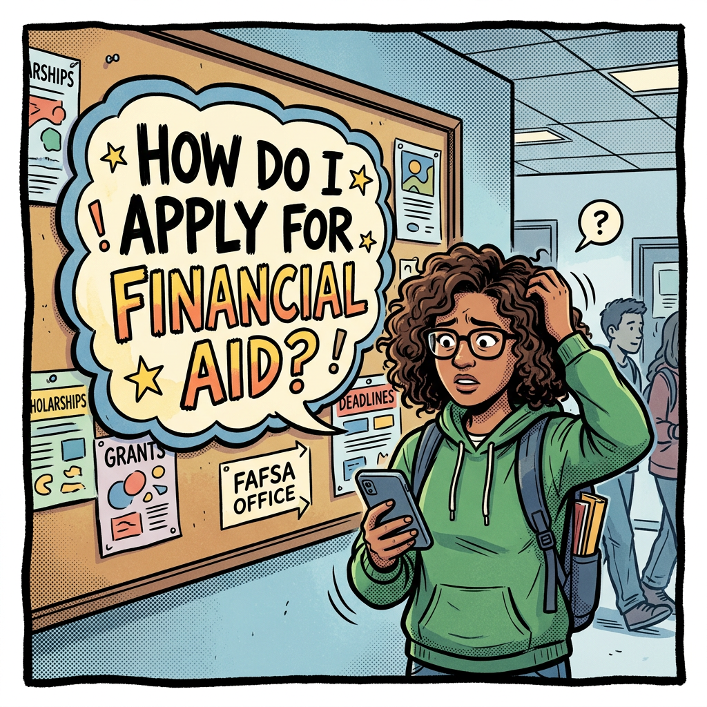 Student reading financial aid board: “HOW DO I APPLY FOR FINANCIAL AID?!,” “SCHOLARSHIPS,” “GRANTS,” “FAFSA OFFICE,” and “DEADLINES.”