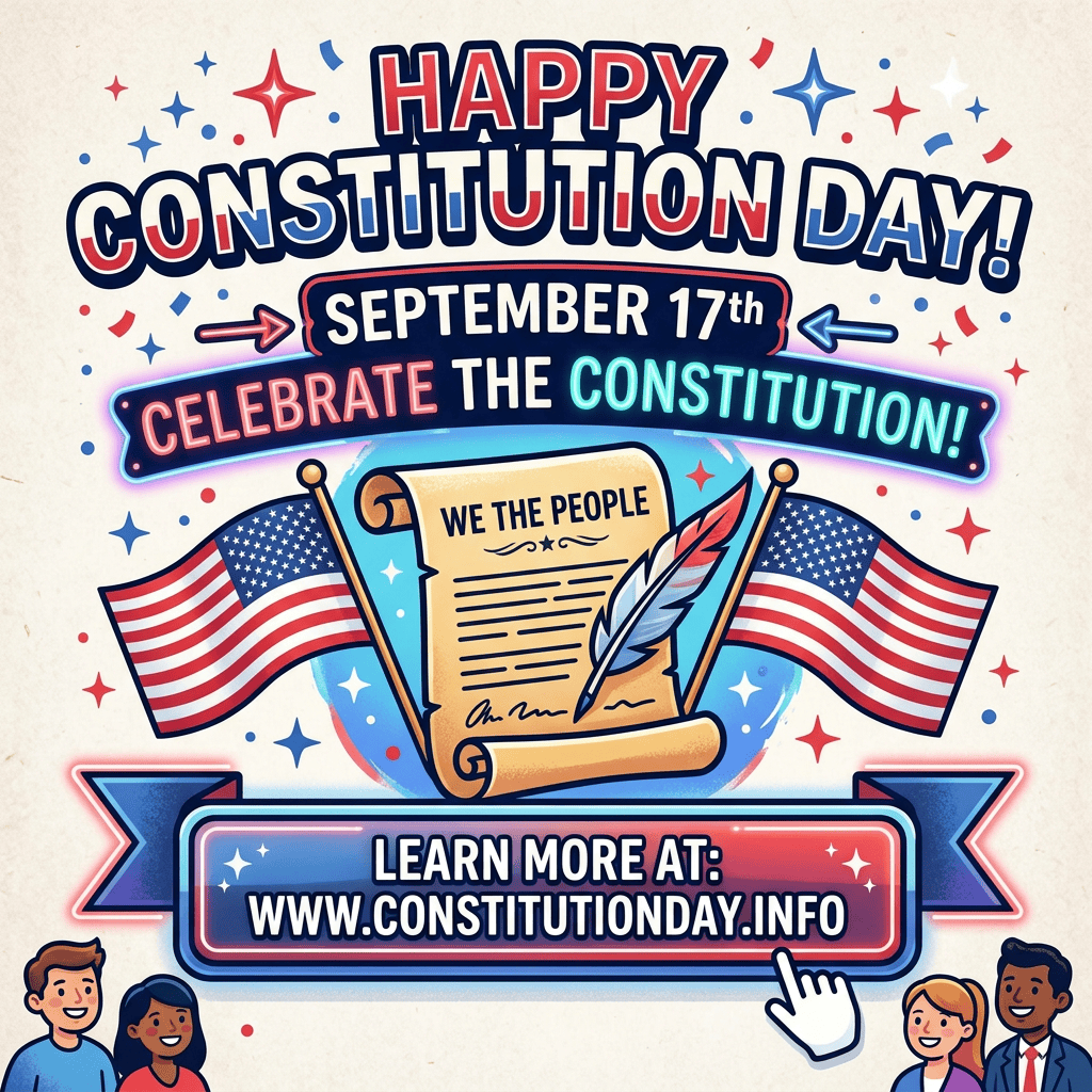 Poster reading “Happy Constitution Day,” “September 17th,” and “Learn more at www.constitutionday.info”