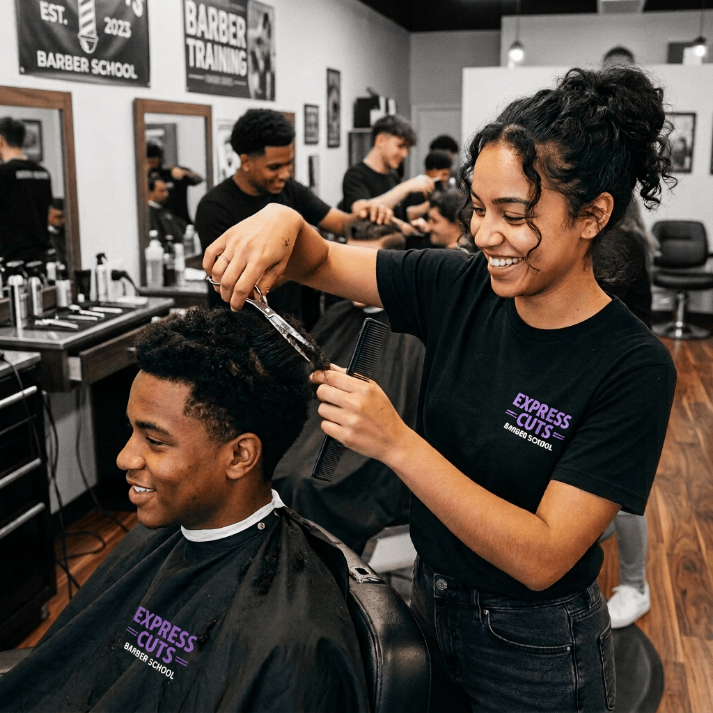 Barber student trimming a client's hair in a barber school